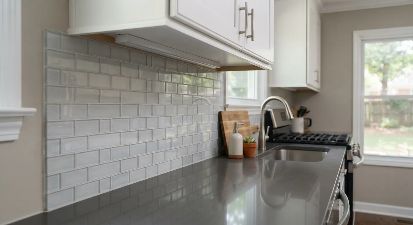 A newly tiled kitchen backsplash showing detailed tile alignment and clean grout lines.