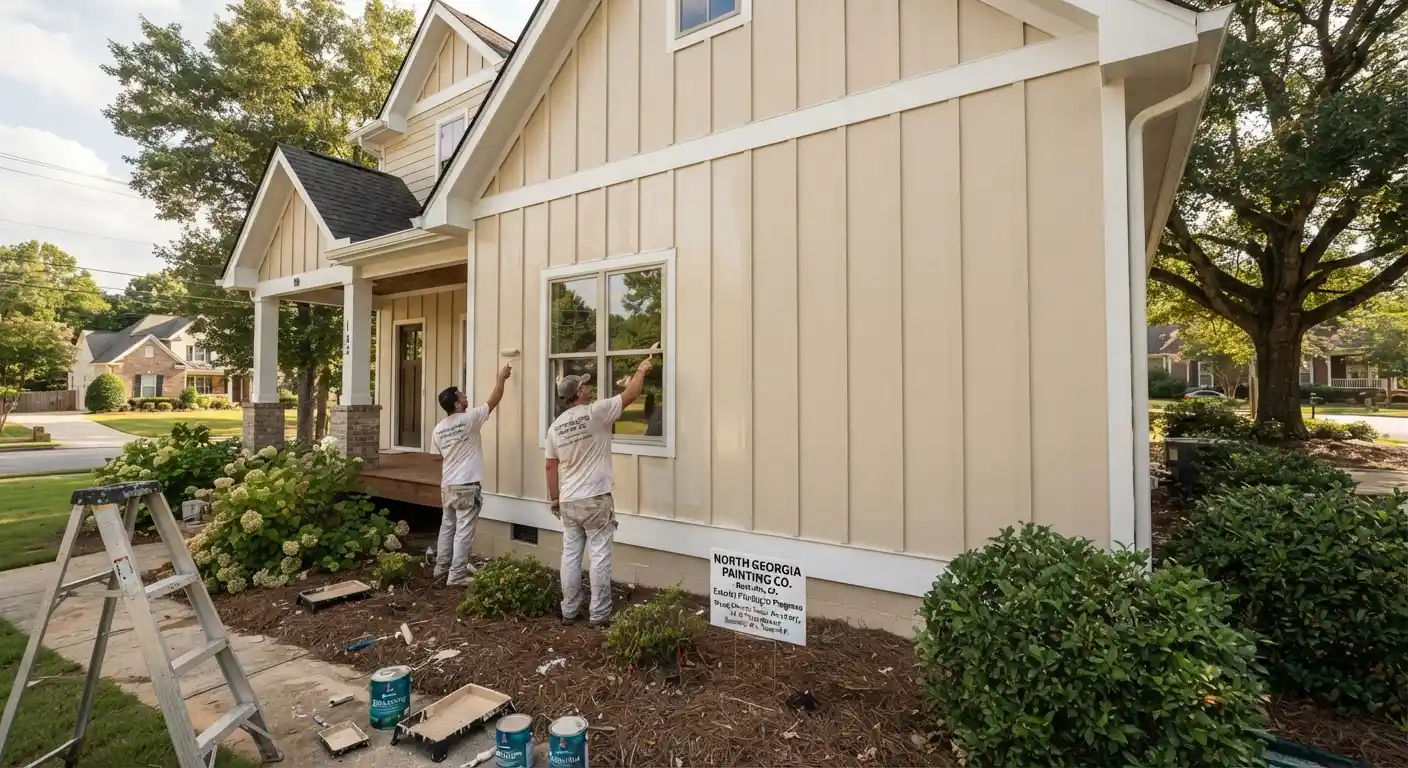 Outdoor walls being coated during exterior painting services