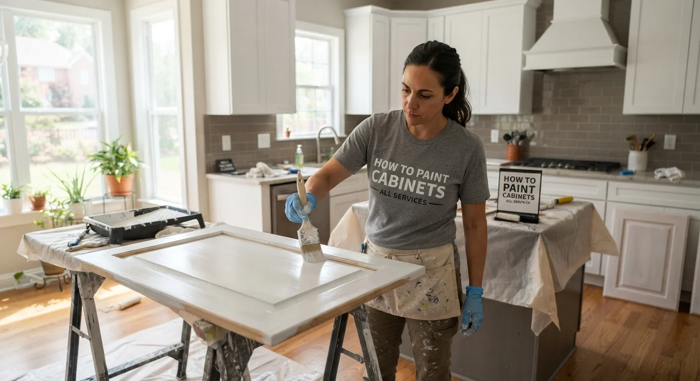 Freshly painted kitchen cabinets showing smooth white surfaces and clean hardware.