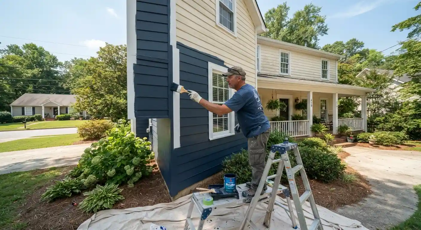 Painter applying fresh paint to a home exterior wall
