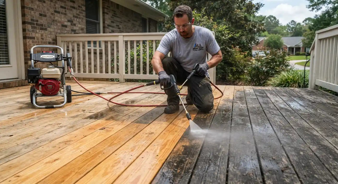 Outdoor wooden deck surface prepared for cleaning and maintenance.