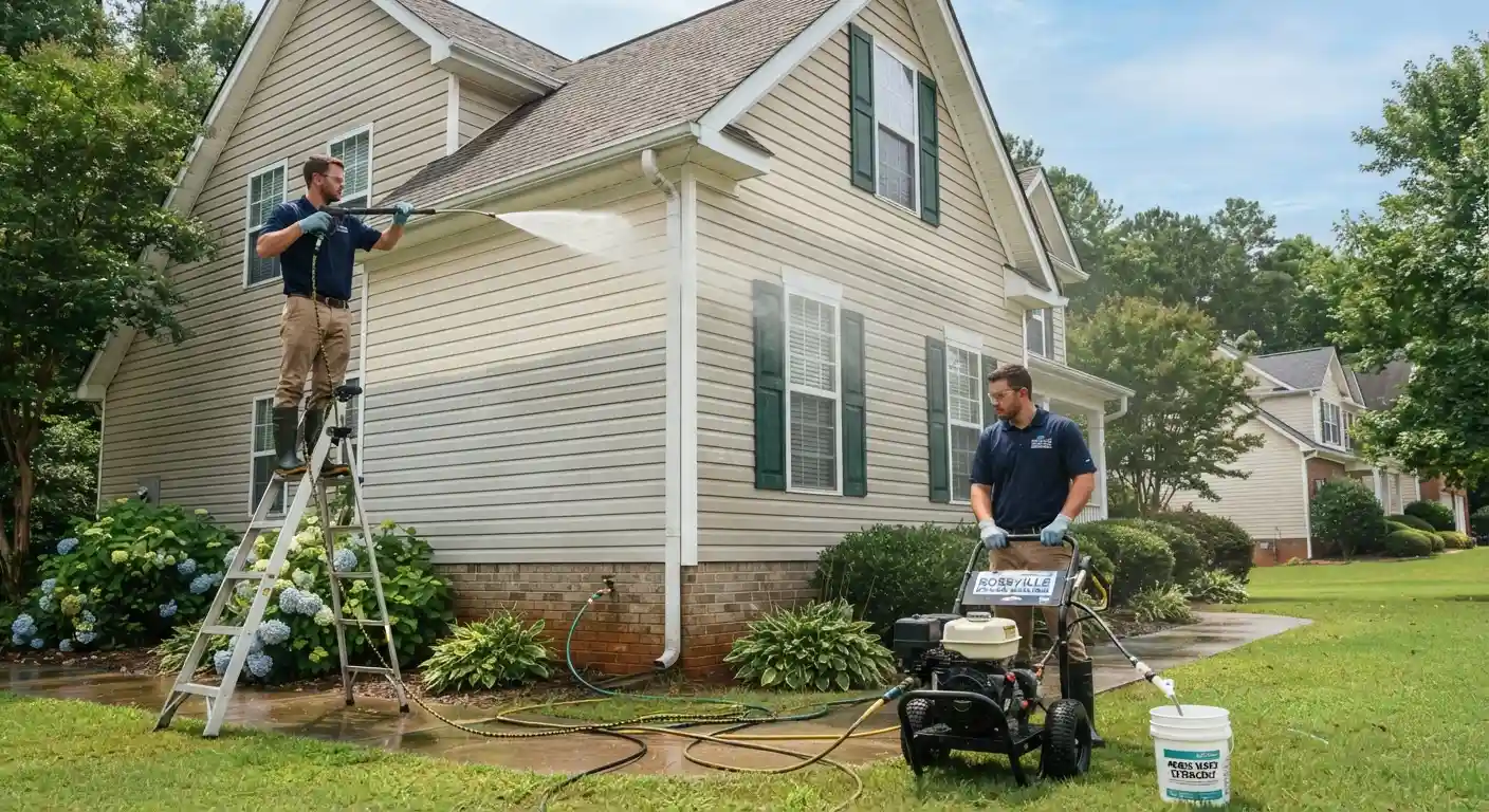 Exterior view of a home undergoing power washing preparation.