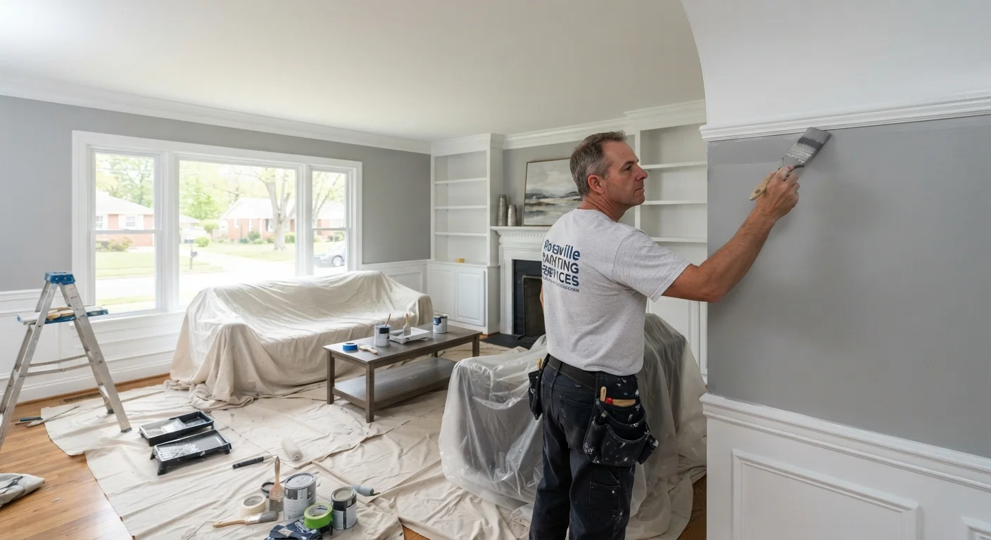 Two team members preparing interior wall surfaces for painting in a home.