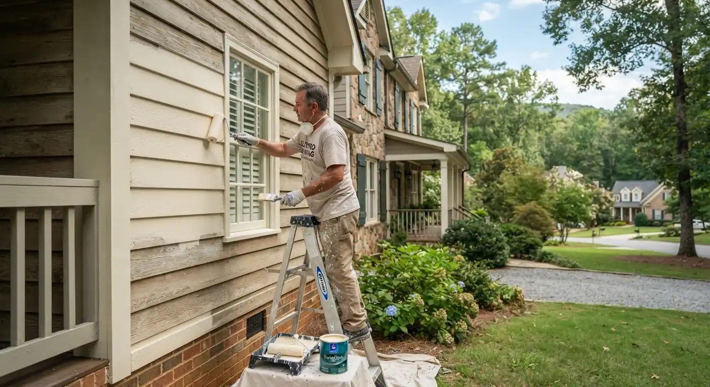 Painter applying fresh paint to a residential wall during an interior project.